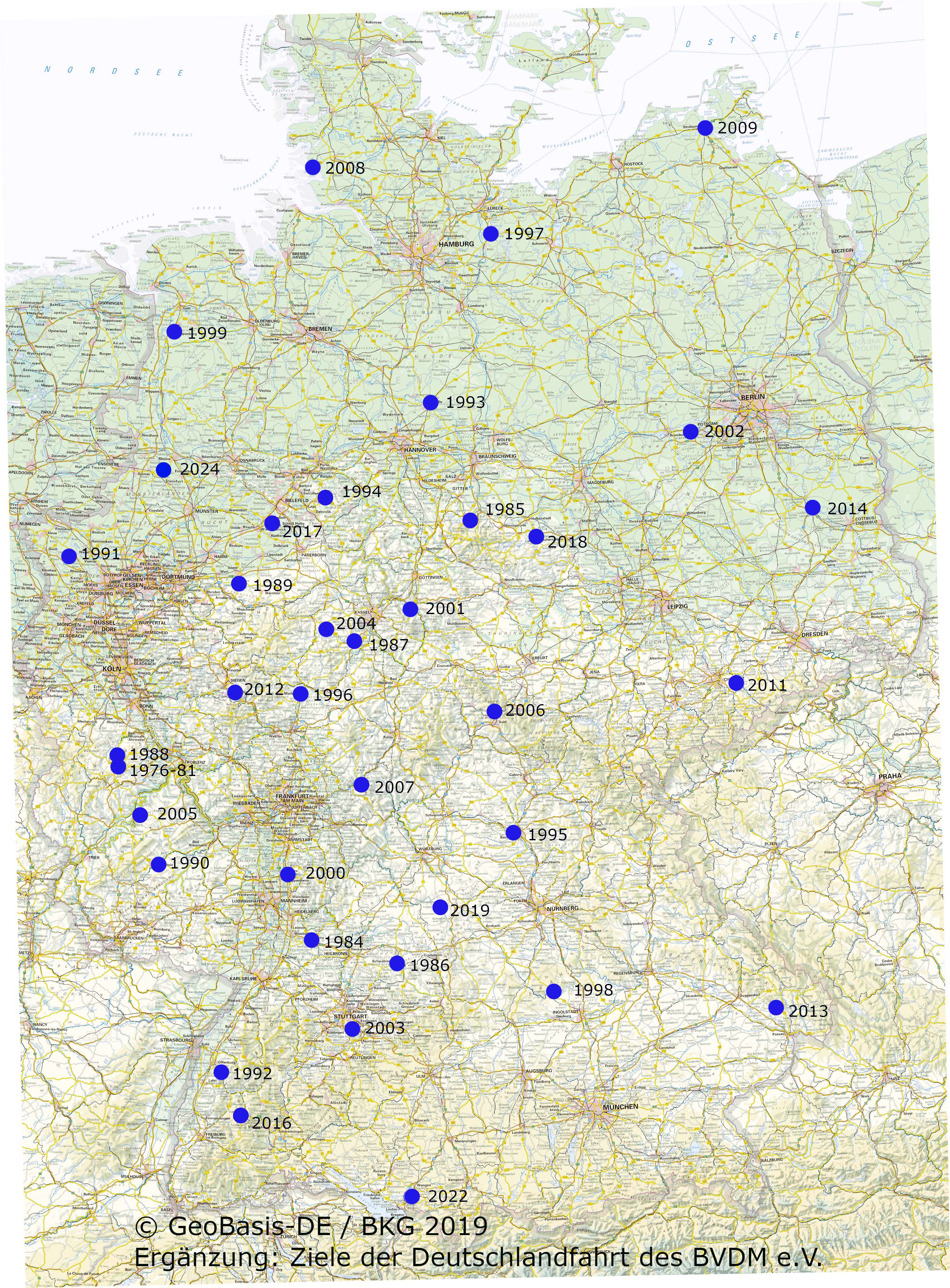 Karte mit allen Zielorten der Deutschlandfahrt